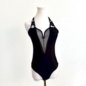 GUESS Black Mesh Bodysuit | Buckle Strap Detail, Deep V, Y2K Clubwear M